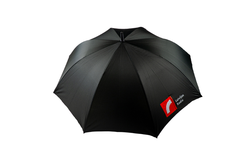 Melns lietussargs FARE Style ar sarkanu kātu, spieķiem un LR logo.